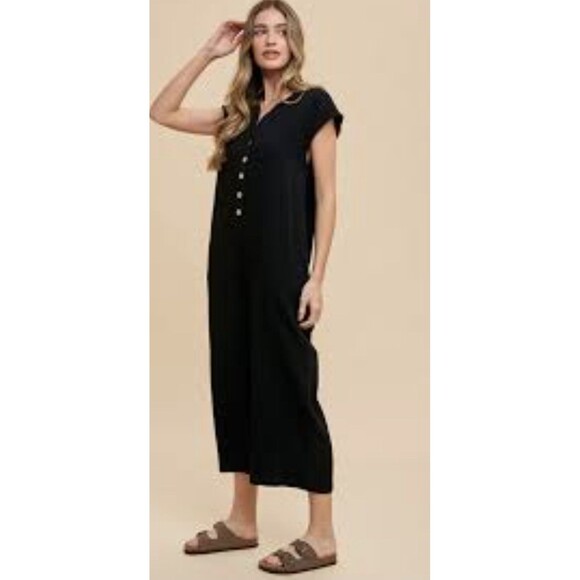 Anniewear Button Detail Black Wide Leg Guaze  Breezy Lagan Jumpsuit with Pockets - Picture 1 of 6
